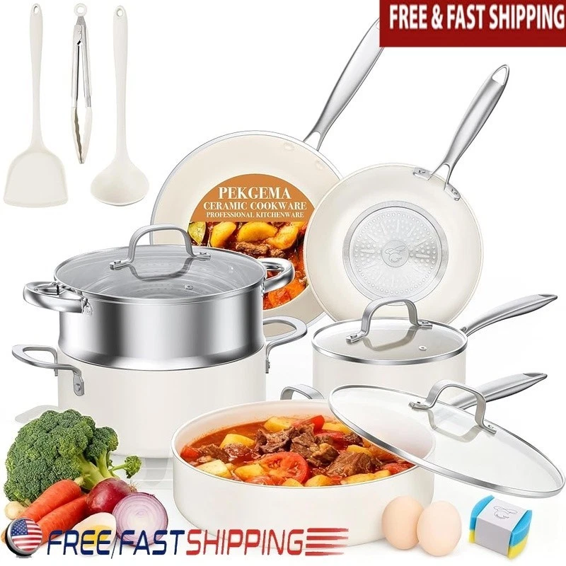 16PC Nonstick Ceramic Cookware Set W/ Stainless Steel Steamer Durable Easy Clean