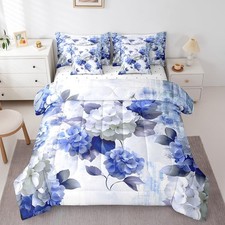Watercolor Hydrangea Full Comforter Set 7 Pieces Chic Flower Floral Bedding C...