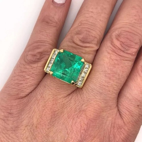 14K Yellow Gold Plated 5 Ct Ascher Cut LabCreated Emerald Men's