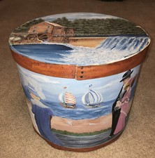Vintage Hand Painted Wood Hat Box Signed Victorian Beach Ocean Grist Mill Decor