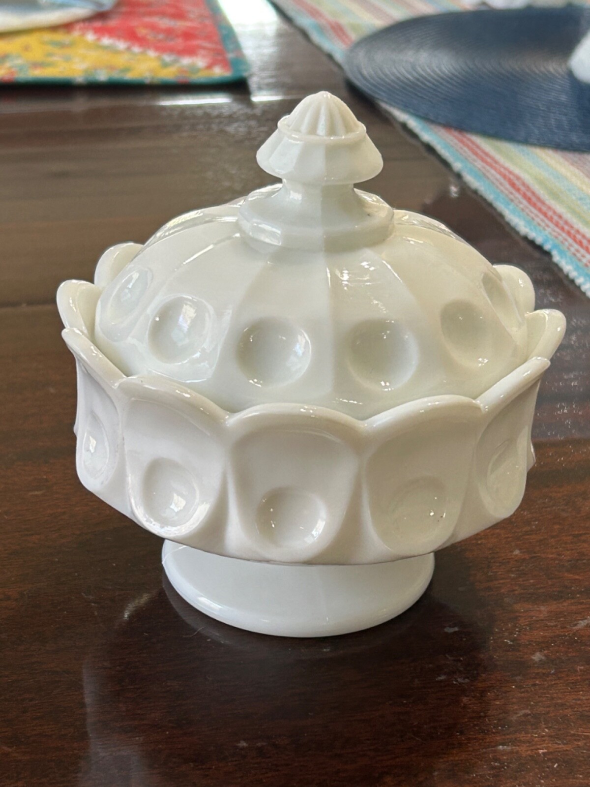Vintage Westmoreland White Milk Glass Thumbprint Footed Candy Dish w/Lid