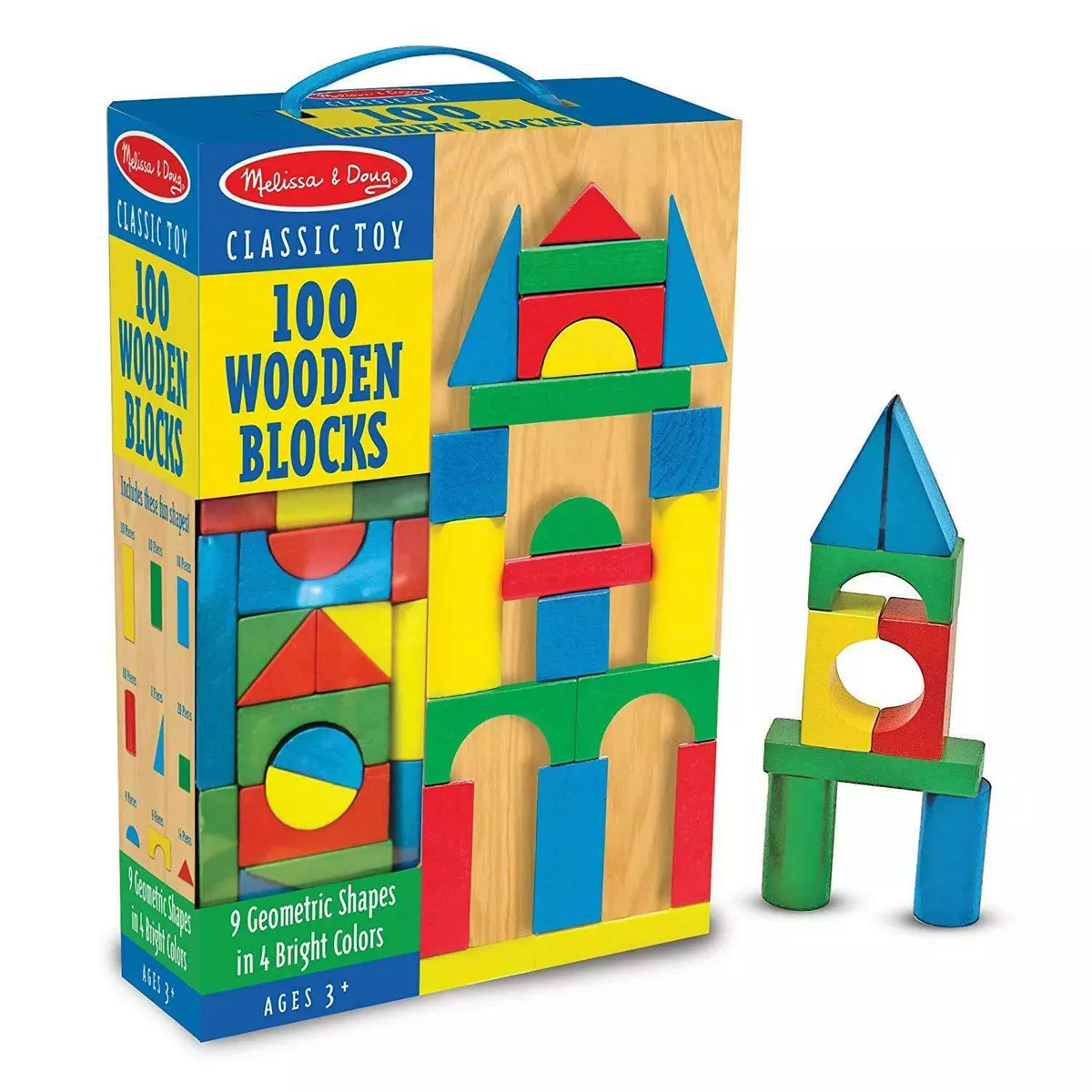 Melissa & Doug Wooden Building Set - 100 Blocks in 4 Colors and 9 Shapes