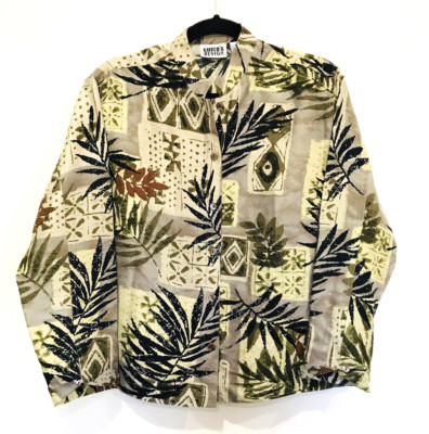 Chicos Design Womens Button Down Shirt Jacket Brown Print SZ 0 US 6 100% Silk 