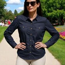 Jean-Pierre Klifa Navy Blue Womens Size Large Button Down Blouse Roll Tab Sleeve