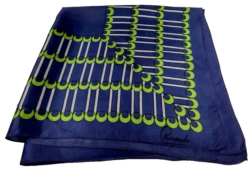 Blue Satin Scarf POP ART Green MODERNISM Ricardo FLAMBOYANT CUBAN STYLE Vintage - Image 2 of 4