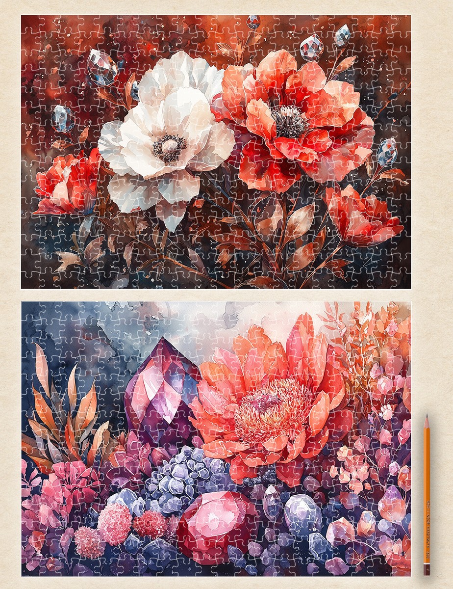 2 x JIGSAW PUZZLES 300pc ~ Crimson Bloom Elegance - florals and