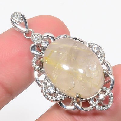 Rutilated Quartz & Cz Gemstone 925 Sterling Silver Pendant 1.7'' T6