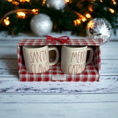 Rae Dunn SANTA CLAWS MERRY CATMAS White Ceramic Christmas Coffee Mug Set NEW