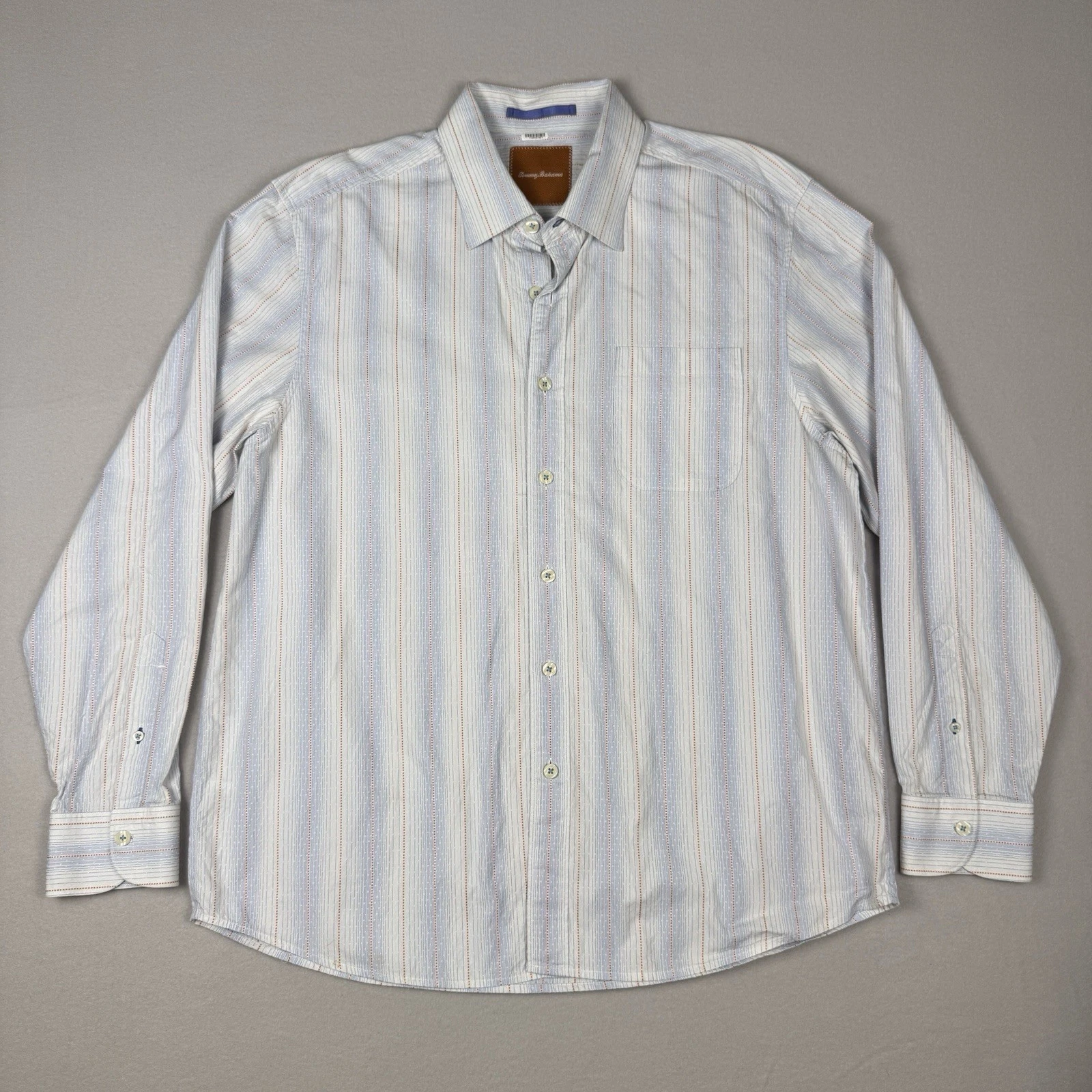 Tommy Bahama Long Sleeve Button Up Shirt Blue Orange Striped Dress Casual Sz XL