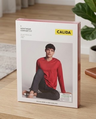 CALIDA Herren Schlafanzug S Pyjama Relax Imprint Jersey Baumwolle Rot Muster Neu