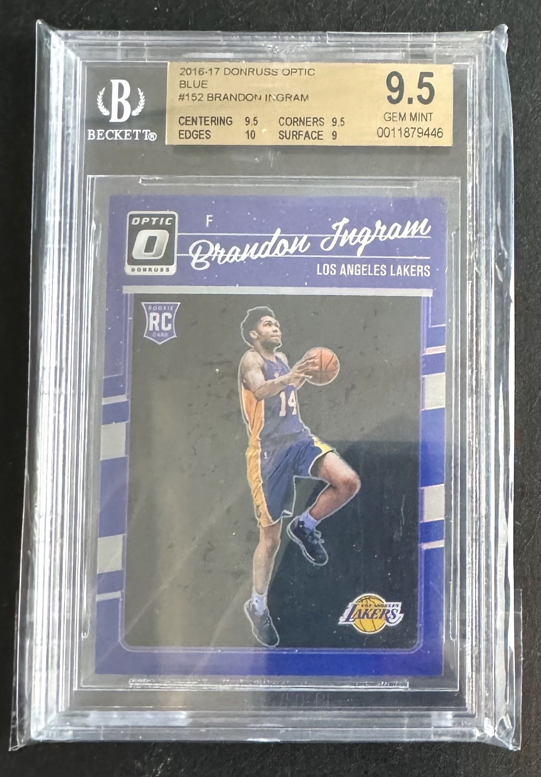 #/49 Brandon Ingram 2016-17 BGS 9.5 GEM MINT Panini Optic Blue Prizm RC #152