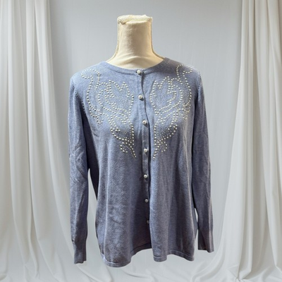 #ad #ad Bob Mackie Cardigan Sweater Light Blue QVC Wearable Art Pearls amp; Rhinestones M $16.00