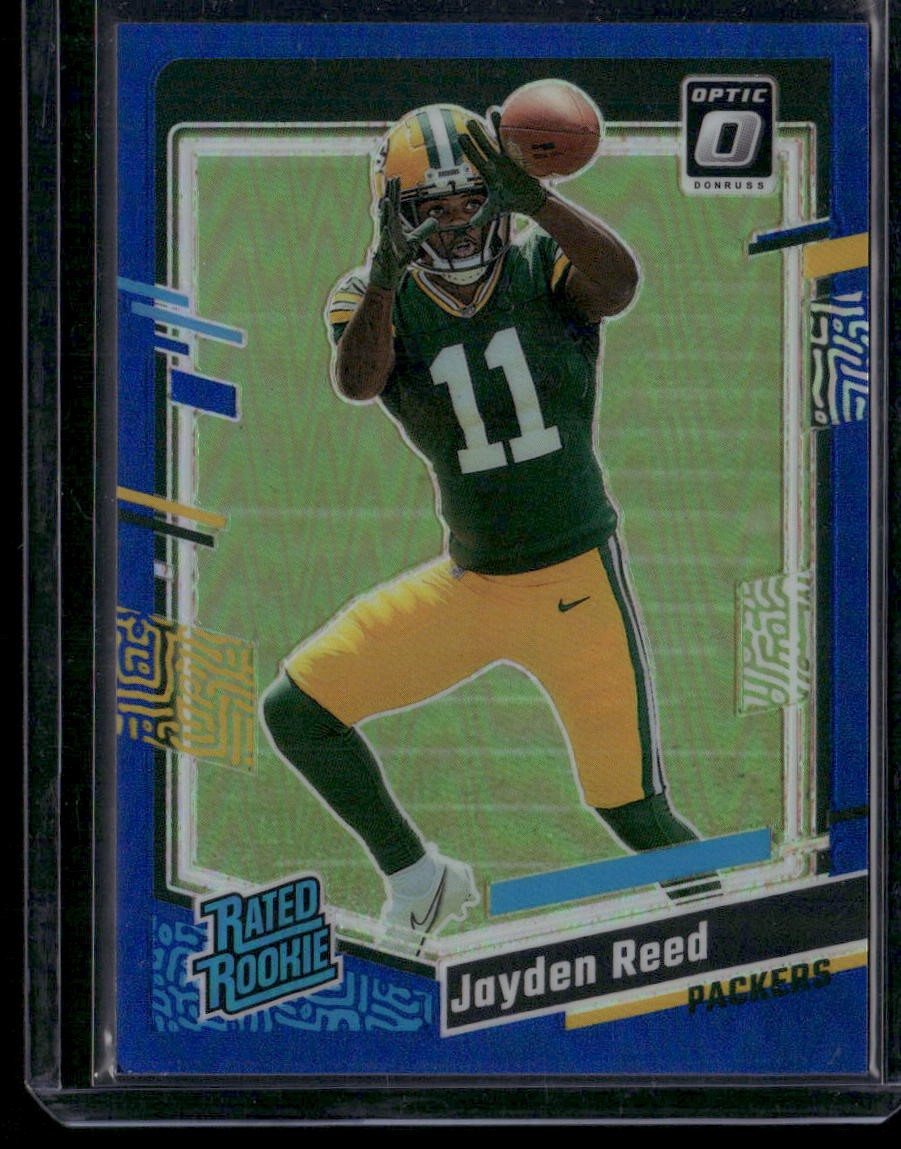 2023 Donruss Optic #239 Jayden Reed Blue #/199 ROOKIE