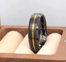 Holiday Gift Band Black Tungsten Wedding Band Gold Center Groove Design Ring