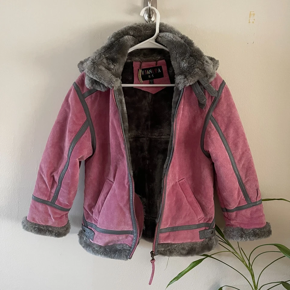 Vintage Shebang USA Genuine Pink Leather Hooded Faux Fur Coat Jacket Girl Medium - Image 2 of 4
