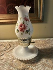 Vintage White Milk Glass Hobnob Hurricane Lamp w/Painted Shade  10 1/2" Tall