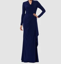 Betsy & Adam Women's Blue Draped Cowlneck Long Sleeve Gown Dress Size 10