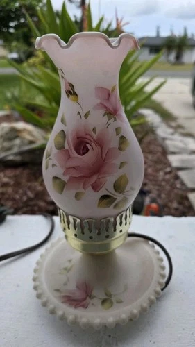 Vintage Hand Painted Roses Milk Glass Electric Working Lamp 12” Tall