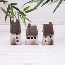 3 White Village LED Light Up Houses Cottage Ceramic Ornament Rustic Village Set