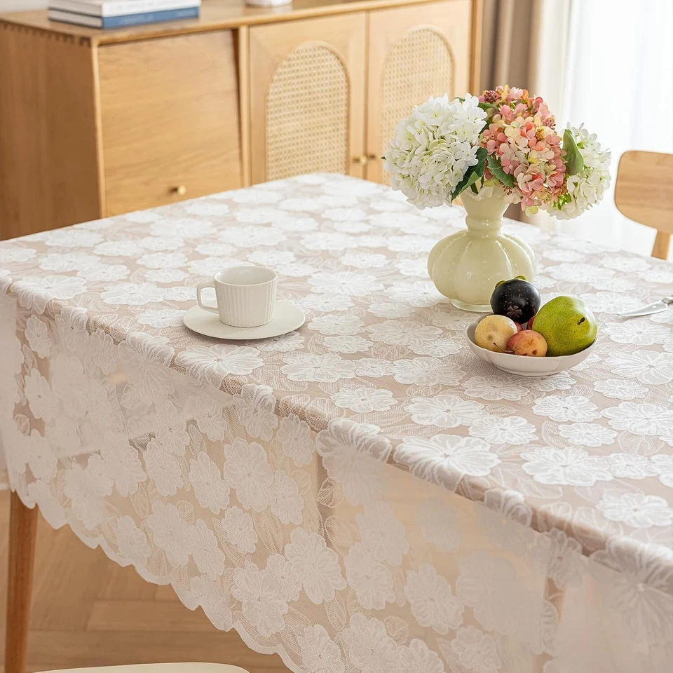 White Embroidered Lace Tablecloth Dining Table Cloth Wedding Party Dinner Decor - Image 3 of 4