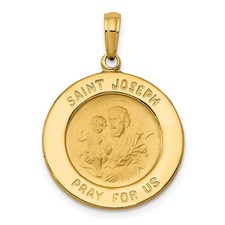 14k Yellow Gold Polished and Satin Solid Saint Joseph Medal Round Pendant