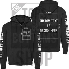Custom Text Zip Up Hoodie Personalized Text, Front, Back and Sleeves Print