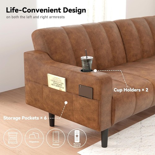 80" Leather Couch 3-in-1 Convertible Sofa Bed with Adjustable Backrest Brown - Picture 6 of 9