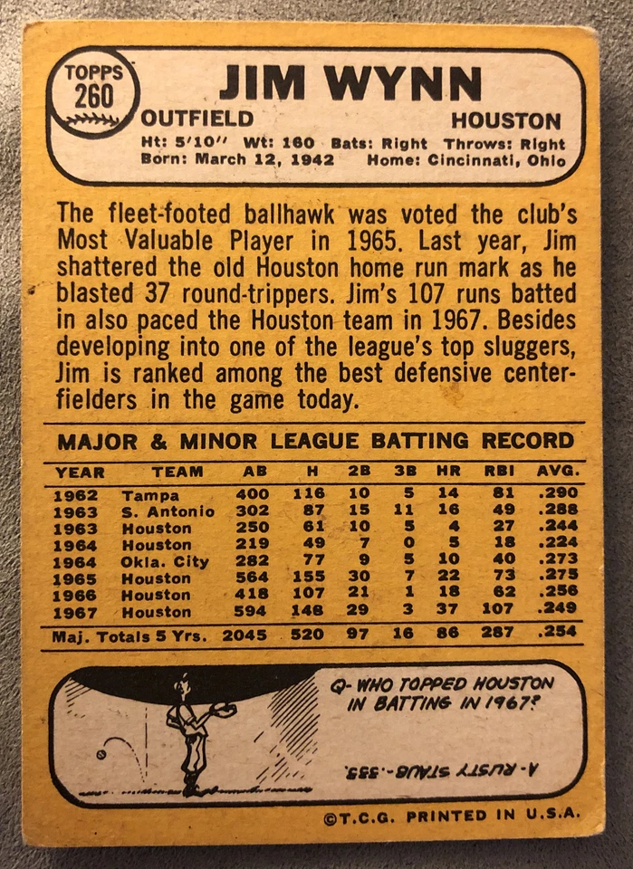 Tarjeta de béisbol 1968 Topps Jim Wynn #260 Astros baja calidad Foto 2 de 2
