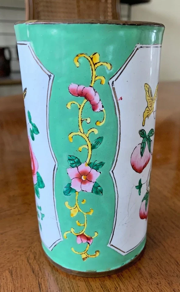 Hermosa maceta vintage china familiar rosa esmalte verde pájaros y flores Foto 4 de 4