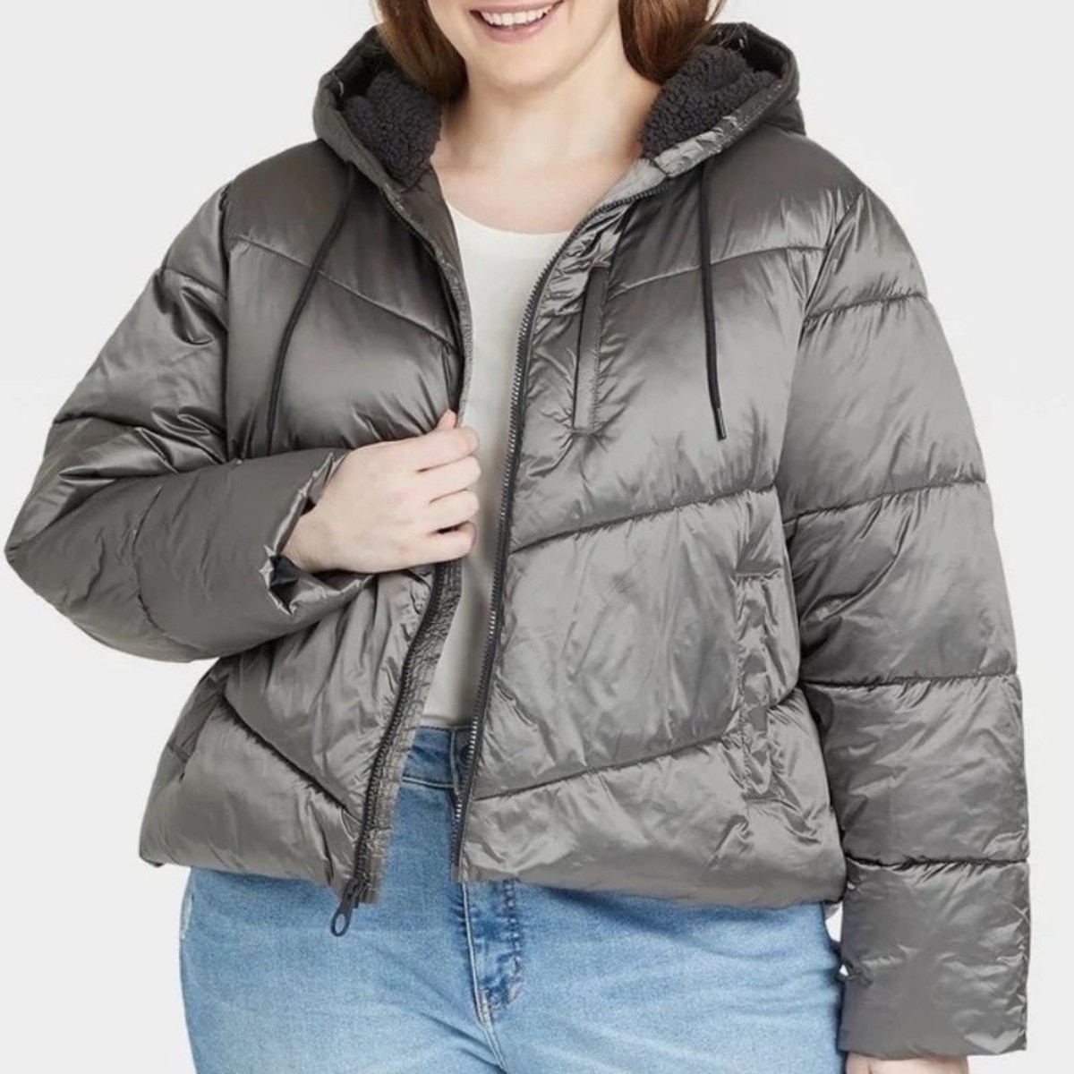 Ava and Viv Puffer Jacket Silver Plus Size 2x with Hood WATER RESISTANT
