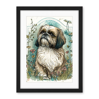 Shih Tzu Dog Wildflowers Modern Art Nouveau Framed Wall Art Print Picture 18X24