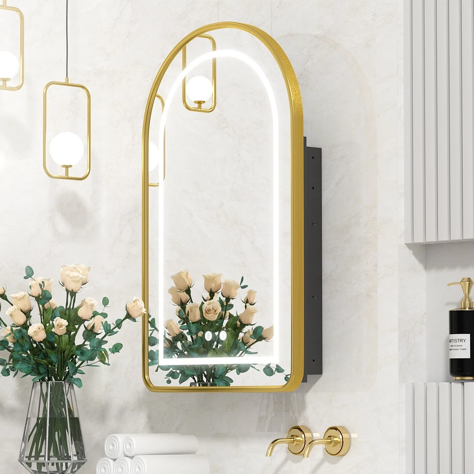 Armario con espejo de baño arqueado iluminado de 20x31 pulgadas con almacenamiento, regulable, desempañador Foto 3 de 4