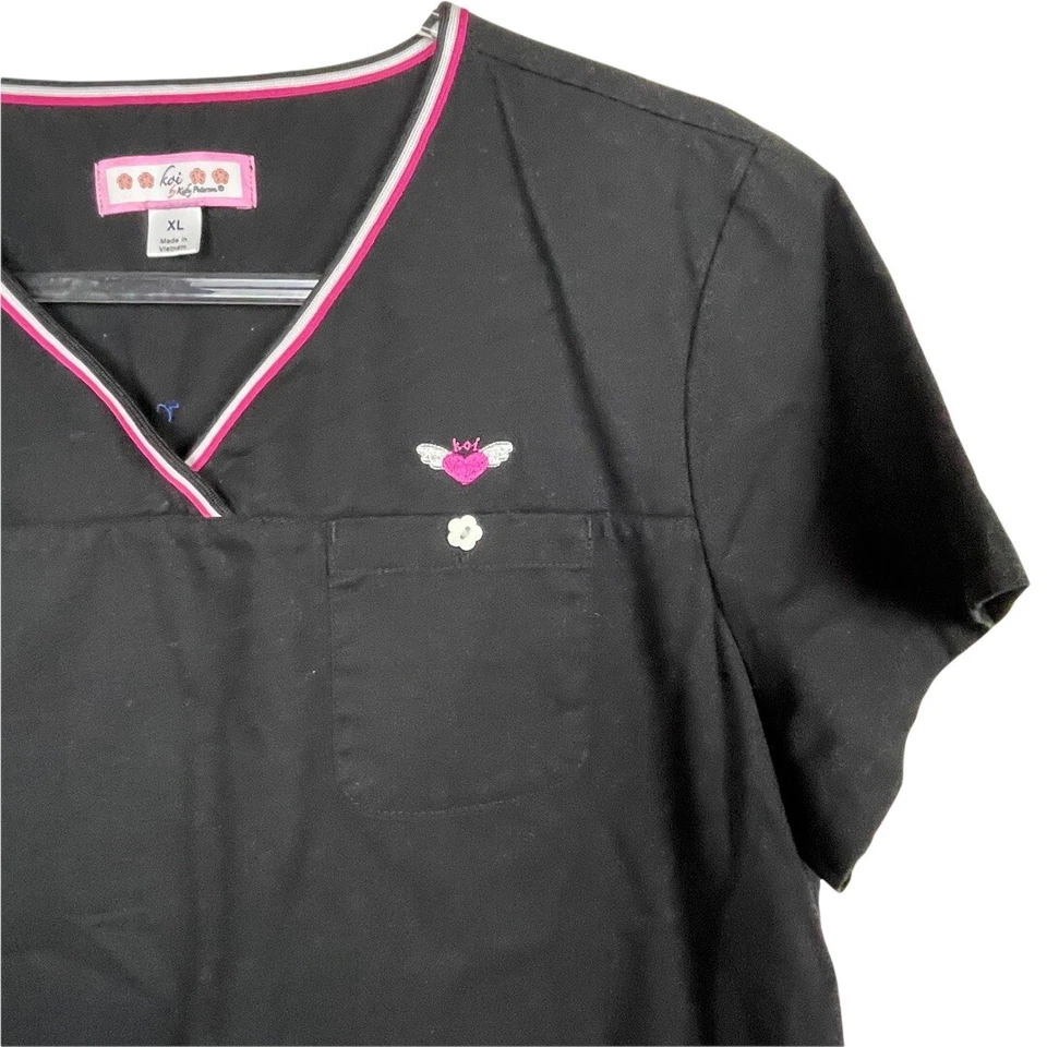 Koi Kathy Peterson Jasmine Size XL Black Medical Scrub Top Heart Butterfly - Image 2 of 4