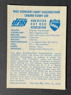 VINTAGE 1971 Fleer AHRA Drag Champs CAMARO FUNNY CAR - NM-MT Cond