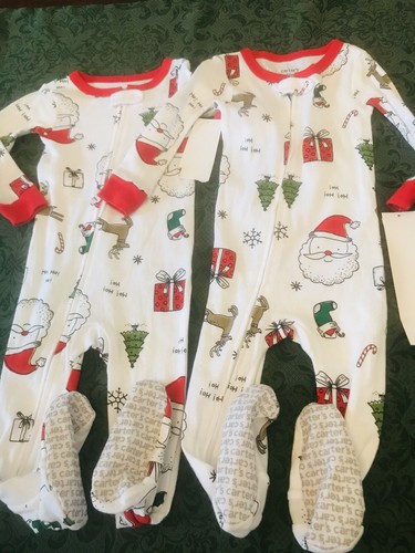 NWT carters TWINS 12 m feet sleepers pajamas santa CHristmas holidays boys girls