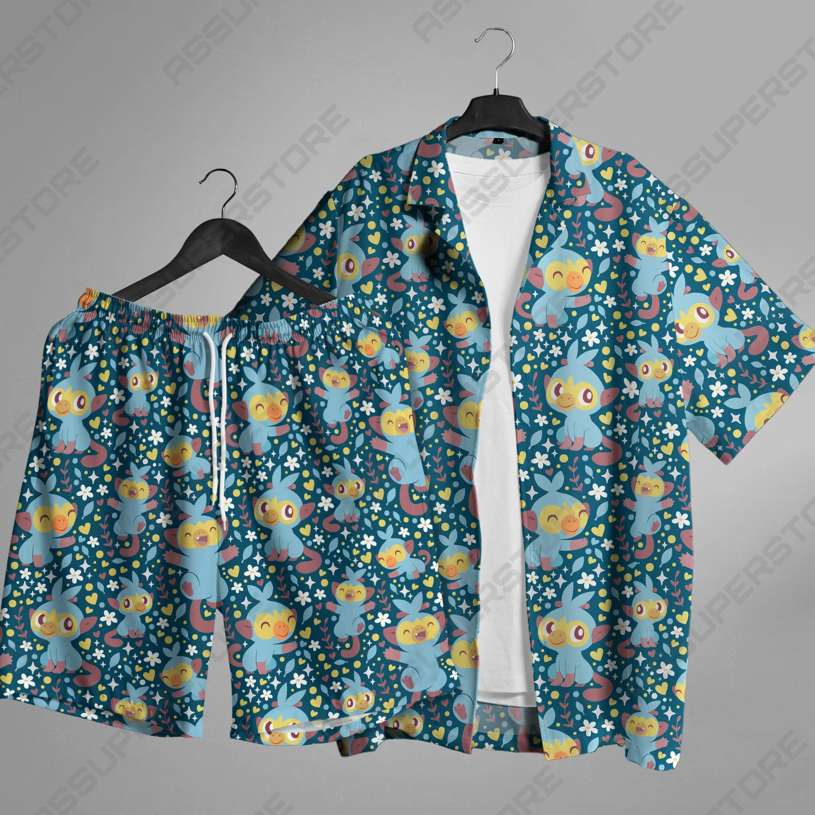 Grookey Hawaiian Button-Up Shirt Japanese Anime Hawaiian Shirt Grookey Shirt