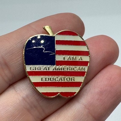 Vintage I Am a Great American Educator USA Flag Apple Enamel Lapel Pin Teacher
