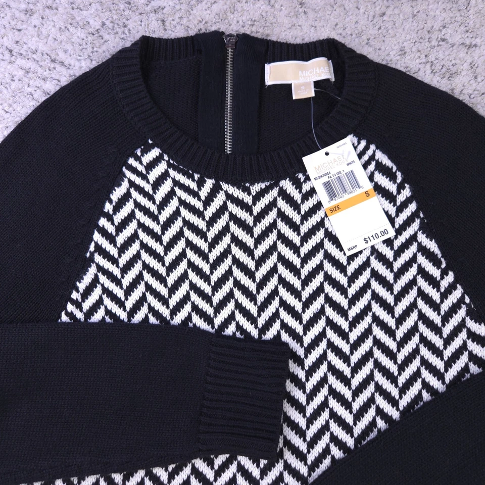 Michael Kors 毛衣女式小号人字形几何条纹黑色白色全新带标签 — 第 3/4 张图片