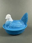 Westmoreland Lt Blue Milk Glass Hen On Nest In Basket VTG HON Slag Lay Eggs Dish