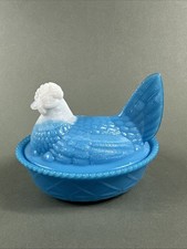 Westmoreland Lt Blue Milk Glass Hen On Nest In Basket VTG HON Slag Lay Eggs Dish