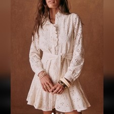 Sézane Marly Ecru Eyelet Long-Sleeve Mini Dress 40 US 8