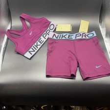 Nike Pro Big Girls Dri-Fit L Sports Bra & Shorts Set With Shine Accents Burgundy
