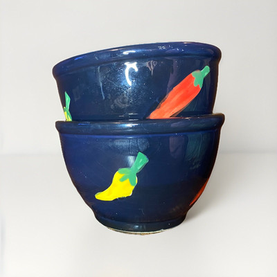 2 Blue Ceramic Chili Peppers Salsa/Guacamole Dipping Bowls IQ Accessories USA