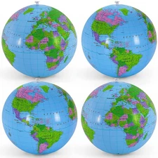 4 Pack 16 Inch Inflatable Globe PVC Blow Up World Globe Beach Ball for Party