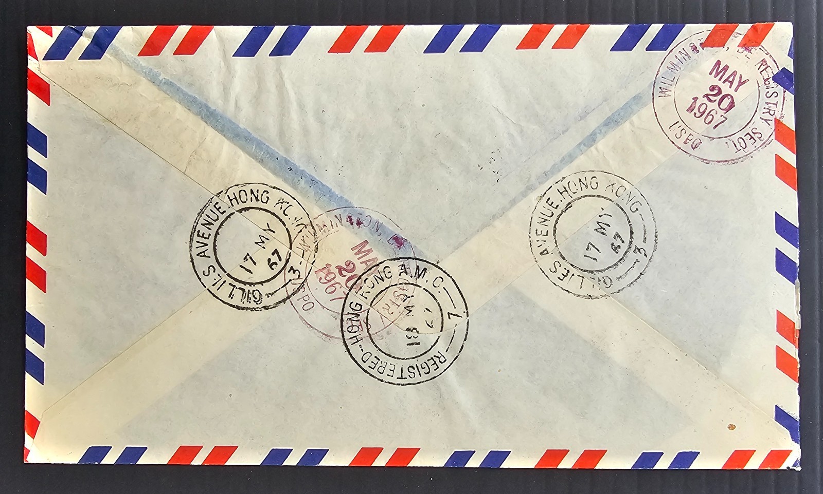1967 Hong Kong Airmail Reg Cover 2 Stamps cd Gillies Avenue-Wilmington