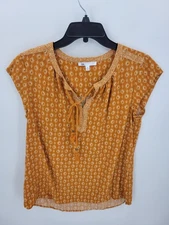 Daniel Rainn DR2 Top Womens Medium Gold Geometric Tribal Print Tassel Tie Boho