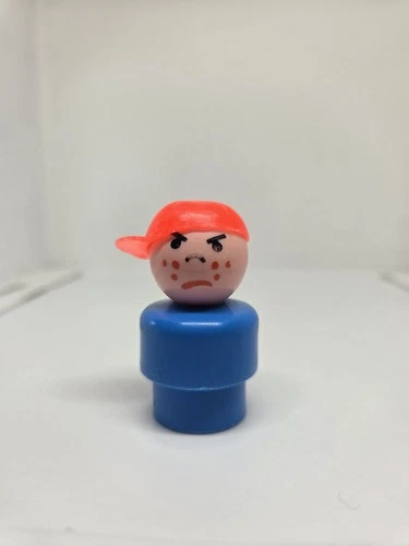 Vintage Fisher Price little people plastic blue mad boy/bully w/red cap