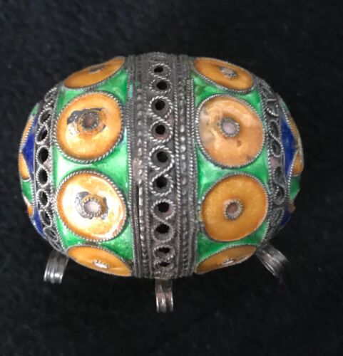 (B) Vintage Berber Silver  Enamel Egg Pendant Charm Bead - Picture 1 of 6