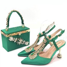 Women Pointed Toe Stiletto 9cm Heels Prom Shoes Satin Sandals Bag Set 6 Colors
