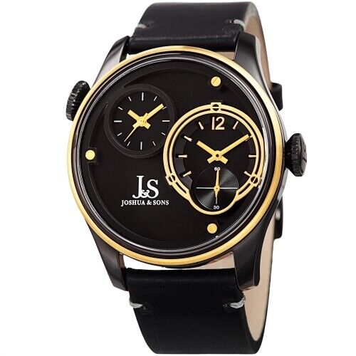 Joshua & Sons JX118BKYG Two Time Zones Black Leather Strap Mens Watch - Picture 1 of 6